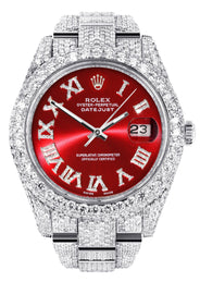 Womens Diamond Iced Out Rolex Datejust 41 | 25 Carats Of Diamonds | Custom Red Roman Numeral Diamond Dial | Two Row | Oyster Band