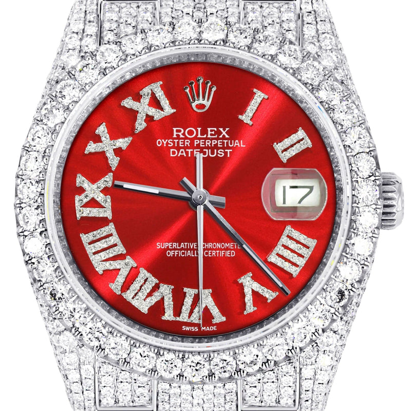 Iced Out Rolex Datejust 36 MM | Stainless Steel | 16.5 Carats of Diamonds | Red Roman Diamond Dial | Oyster Band | Model 116200