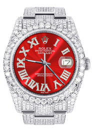 Iced Out Rolex Datejust 36 MM | Stainless Steel | 16.5 Carats of Diamonds | Red Roman Diamond Dial | Oyster Band | Model 116200