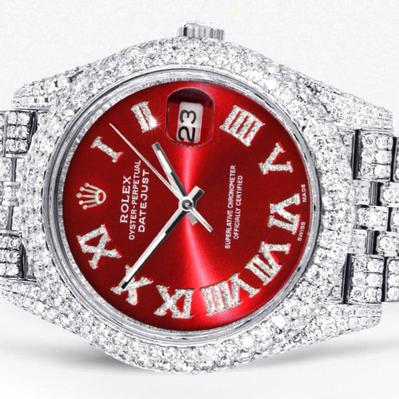 Diamond Iced Out Rolex Datejust 41 | 25 Carats Of Diamonds | Custom Red Roman Numeral Diamond Dial | Two Row | Jubilee Band