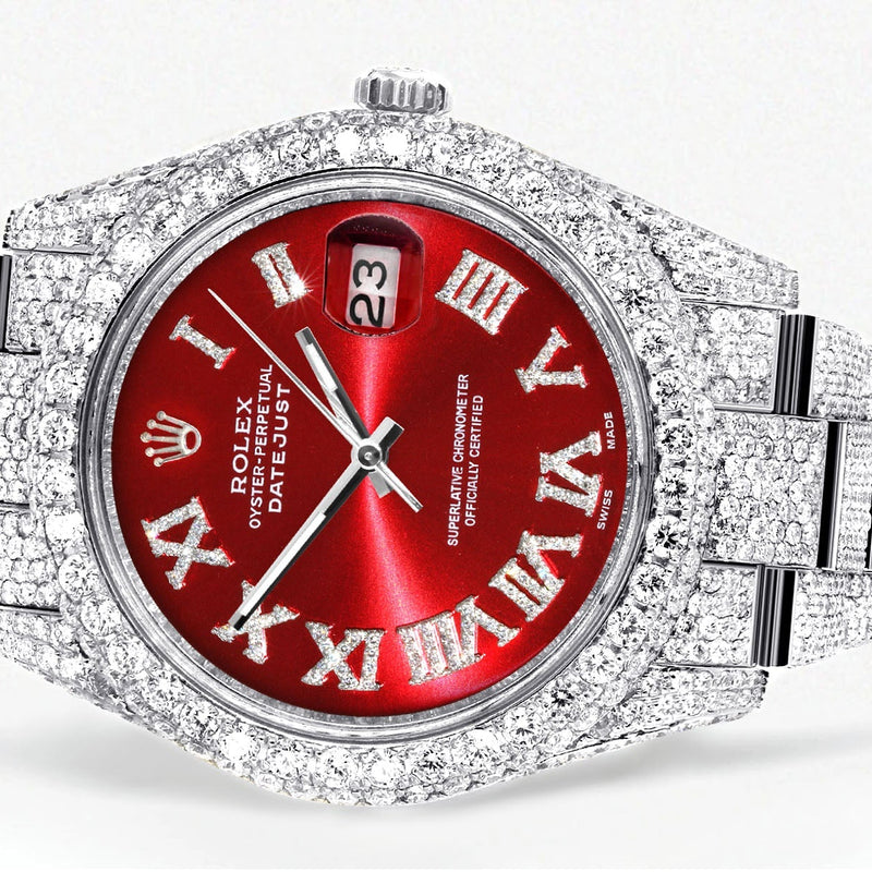 Womens Diamond Iced Out Rolex Datejust 41 | 25 Carats Of Diamonds | Custom Red Roman Numeral Diamond Dial | Two Row | Oyster Band