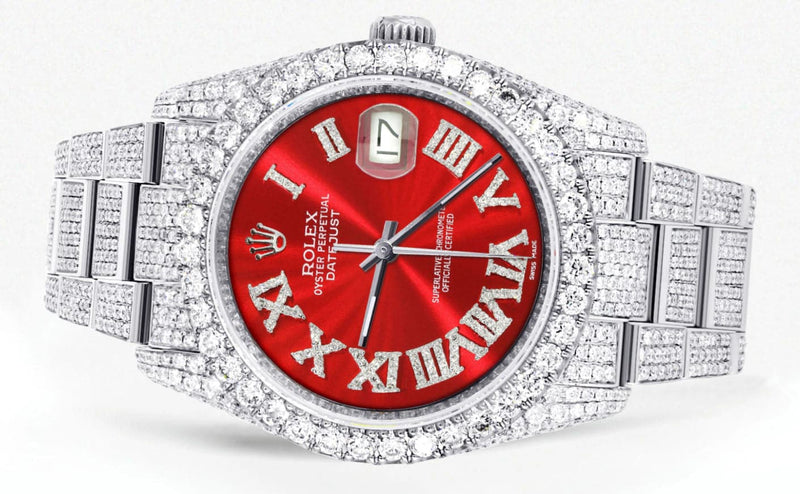 Iced Out Rolex Datejust 36 MM | Stainless Steel | 16.5 Carats of Diamonds | Red Roman Diamond Dial | Oyster Band | Model 116200