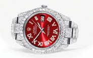 Diamond Iced Out Rolex Datejust 41 | 25 Carats Of Diamonds | Custom Red Roman Numeral Diamond Dial | Two Row | Oyster Band