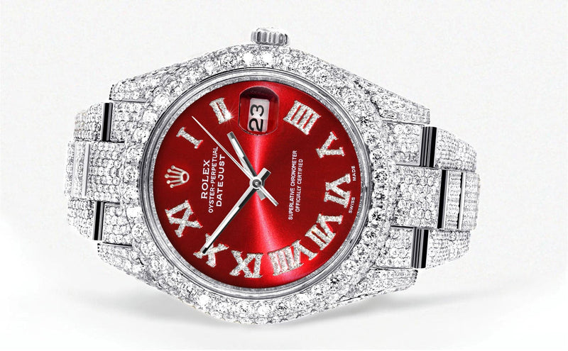 Diamond Iced Out Rolex Datejust 41 | 25 Carats Of Diamonds | Custom Red Roman Numeral Diamond Dial | Two Row | Oyster Band