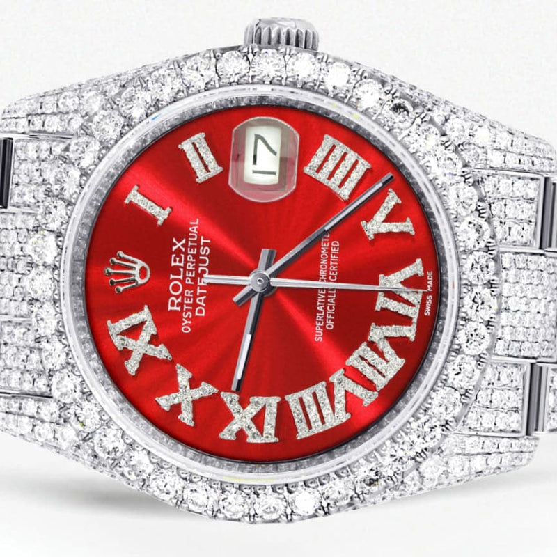 Iced Out Rolex Datejust 36 MM | Stainless Steel | 16.5 Carats of Diamonds | Red Roman Diamond Dial | Oyster Band | Model 116200