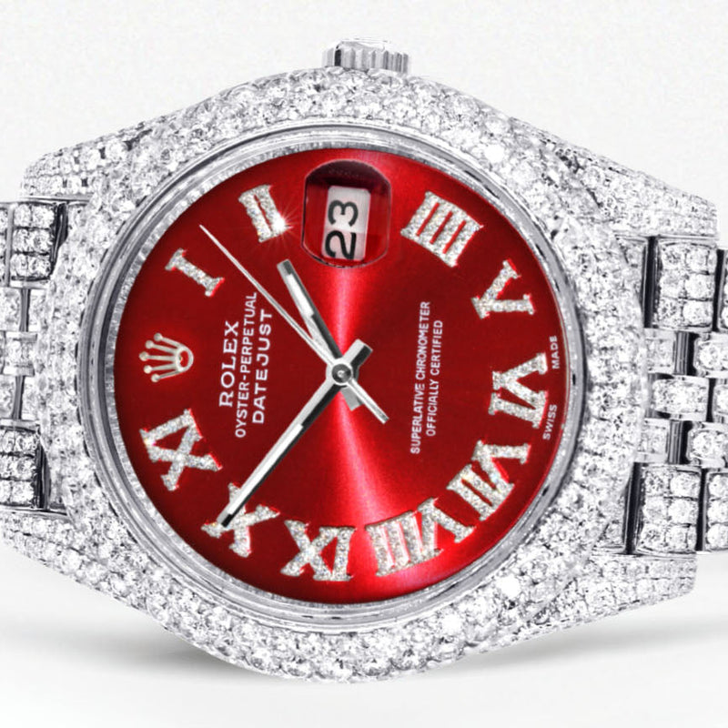 Womens Diamond Iced Out Rolex Datejust 41 | 25 Carats Of Diamonds | Custom Red Roman Numeral Diamond Dial | Two Row | Jubilee Band