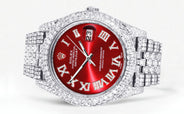 Womens Diamond Iced Out Rolex Datejust 41 | 25 Carats Of Diamonds | Custom Red Roman Numeral Diamond Dial | Two Row | Jubilee Band
