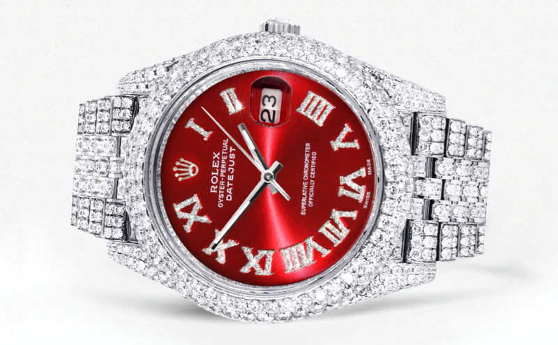 Womens Diamond Iced Out Rolex Datejust 41 | 25 Carats Of Diamonds | Custom Red Roman Numeral Diamond Dial | Two Row | Jubilee Band