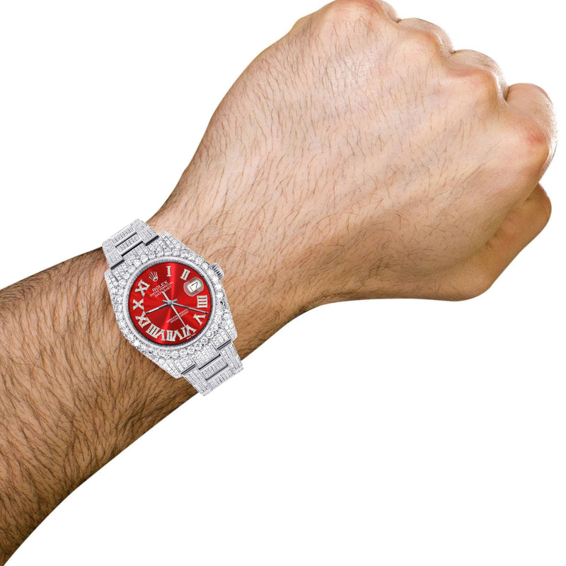 Iced Out Rolex Datejust 36 MM | Stainless Steel | 16.5 Carats of Diamonds | Red Roman Diamond Dial | Oyster Band | Model 116200