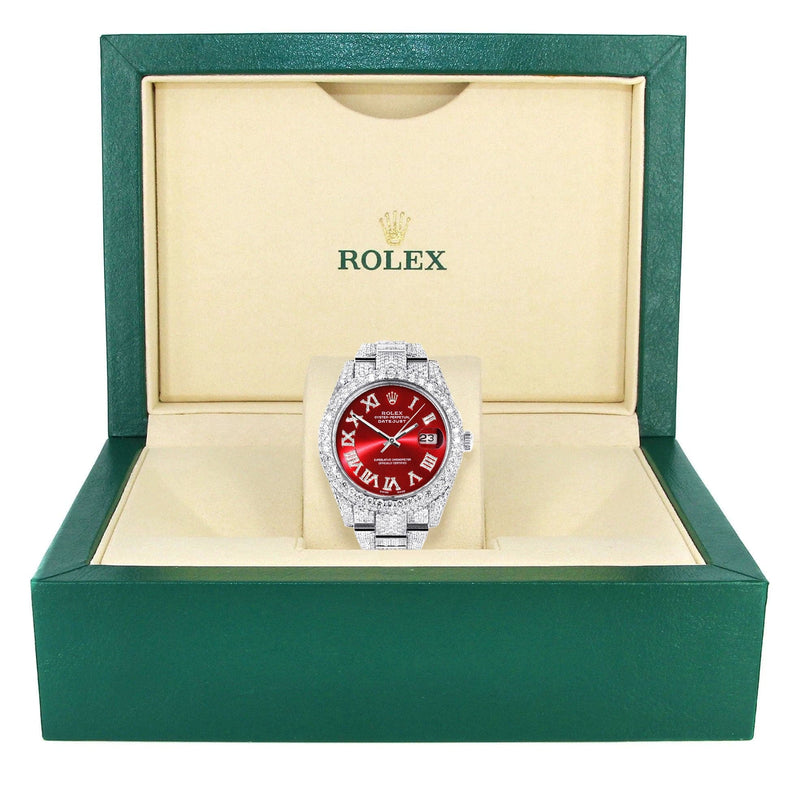 Diamond Iced Out Rolex Datejust 41 | 25 Carats Of Diamonds | Custom Red Roman Numeral Diamond Dial | Two Row | Oyster Band