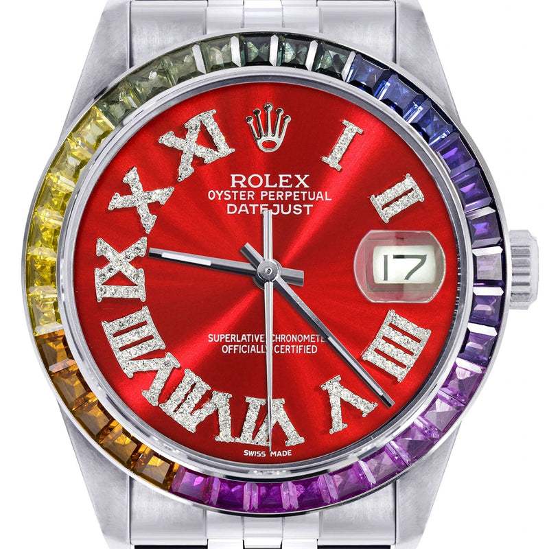 Diamond Gold Rolex Watch For Men 16200 | 36Mm | Rainbow Sapphire Bezel | Red Roman Numeral Dial | Jubilee Band