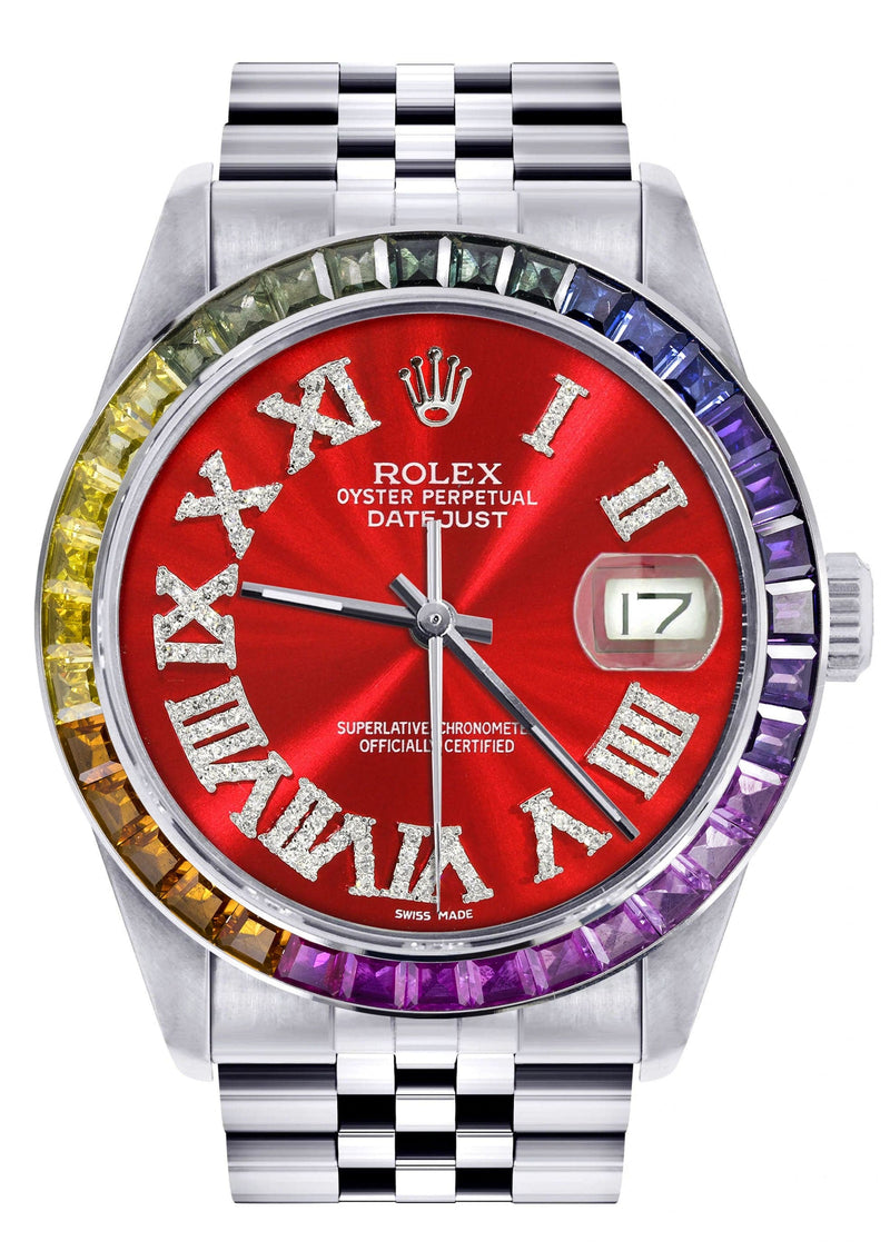 Diamond Gold Rolex Watch For Men 16200 | 36Mm | Rainbow Sapphire Bezel | Red Roman Numeral Dial | Jubilee Band
