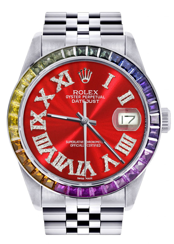 Diamond Gold Rolex Watch For Men 16200 | 36Mm | Rainbow Sapphire Bezel | Red Roman Numeral Dial | Jubilee Band