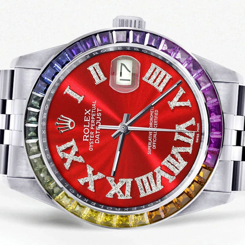 Diamond Gold Rolex Watch For Men 16200 | 36Mm | Rainbow Sapphire Bezel | Red Roman Numeral Dial | Jubilee Band