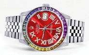 Diamond Gold Rolex Watch For Men 16200 | 36Mm | Rainbow Sapphire Bezel | Red Roman Numeral Dial | Jubilee Band
