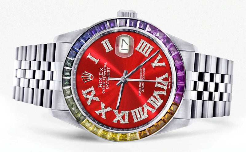Diamond Gold Rolex Watch For Men 16200 | 36Mm | Rainbow Sapphire Bezel | Red Roman Numeral Dial | Jubilee Band