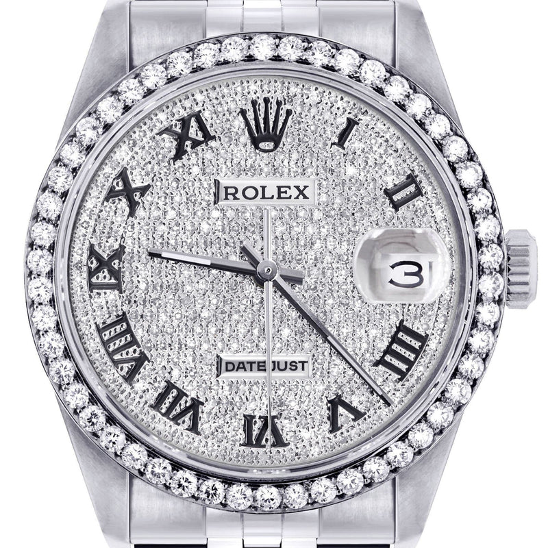 Mens Diamond Rolex Datejust Watch 16200  | 36MM | Fully Iced Out Diamond Roman Dial | Jubilee Band