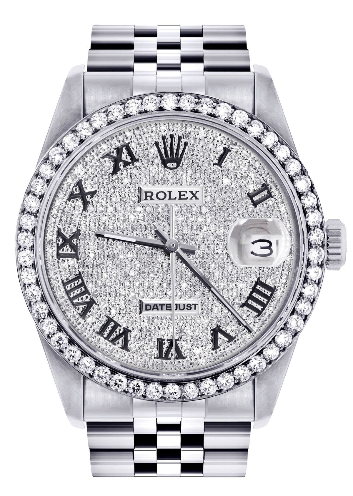 Mens Diamond Rolex Datejust Watch 16200  | 36MM | Fully Iced Out Diamond Roman Dial | Jubilee Band