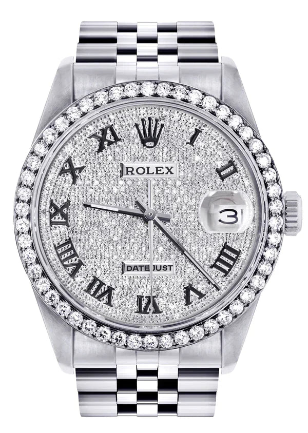 Diamond Rolex Datejust Watch 16200 | 36MM | Full Diamond Roman Dial | Stainless Steel | Jubilee Band
