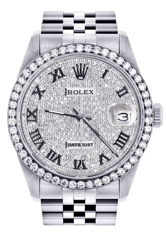 Mens Diamond Rolex Datejust Watch 16200  | 36MM | Fully Iced Out Diamond Roman Dial | Jubilee Band