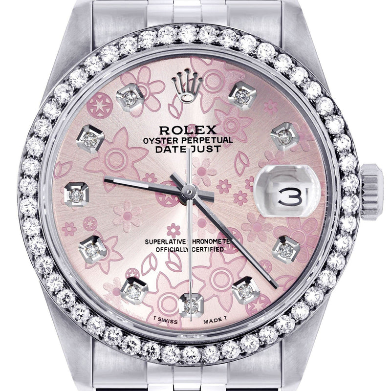 Diamond Mens Rolex Datejust Watch 16200 | 36MM | Pink Flower Diamond Dial | Jubilee Band