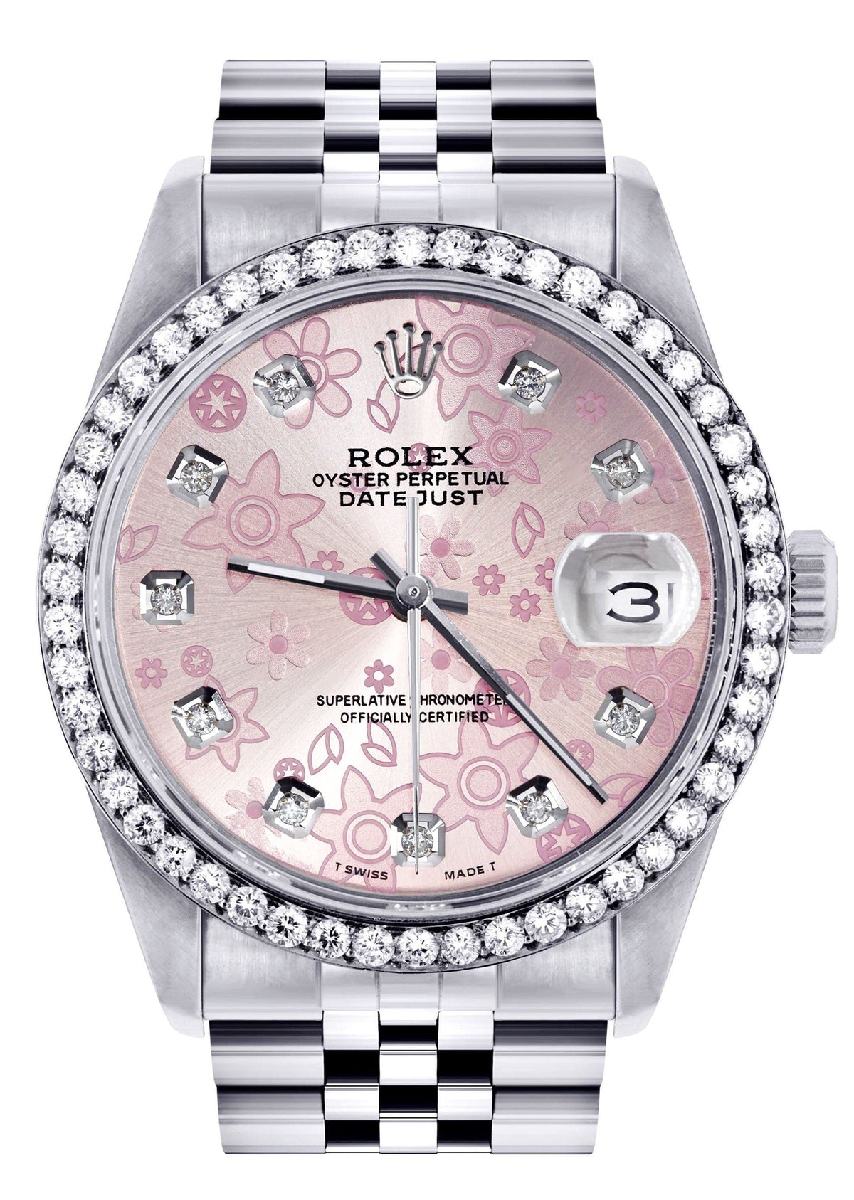 Diamond Mens Rolex Datejust Watch 16200 | 36MM | Pink Flower Diamond Dial | Jubilee Band