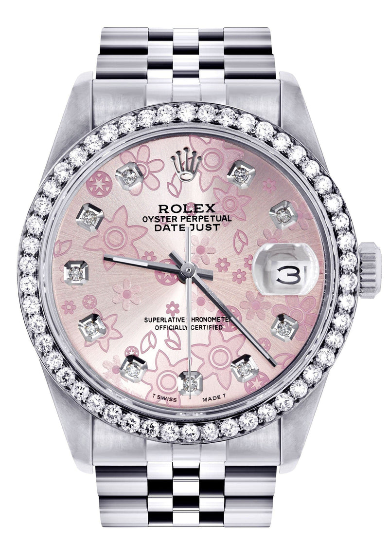 Diamond Mens Rolex Datejust Watch 16200 | 36MM | Pink Flower Diamond Dial | Jubilee Band