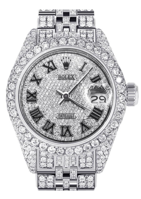 Full Diamond Bust Down Rolex Datejust Watch for Women | 1 Carat Bezel | 26MM | Texture Diamond Dial | Jubilee Band