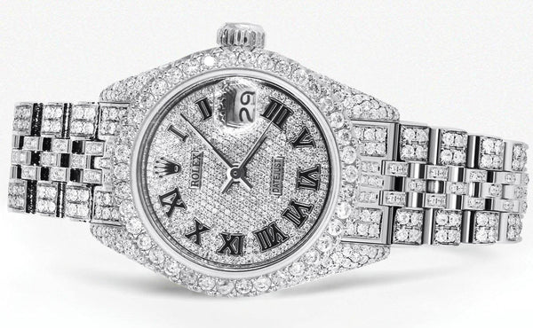 Full Diamond Bust Down Rolex Datejust Watch for Women | 1 Carat Bezel | 26MM | Texture Diamond Dial | Jubilee Band