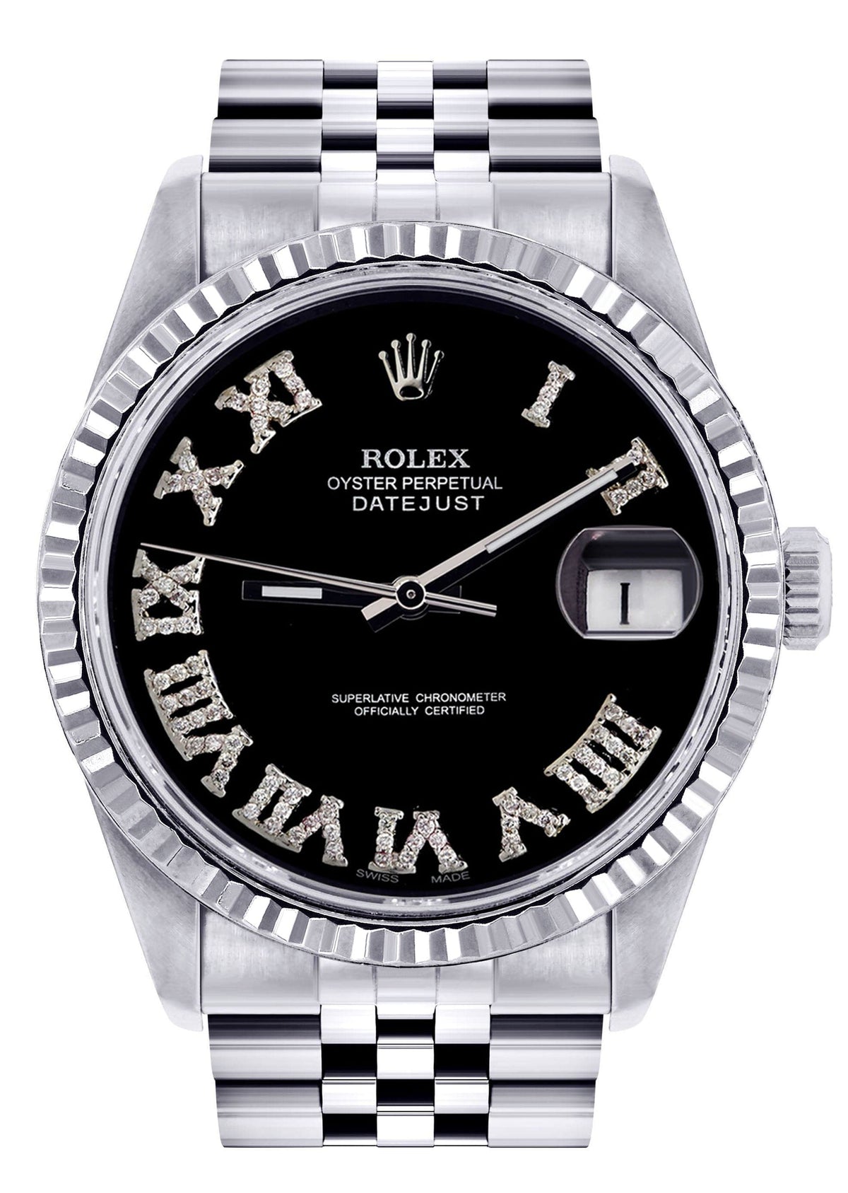Mens Rolex Datejust Watch 16200 | Fluted Bezel | 36Mm | Black Roman Numeral Dial | Jubilee Band