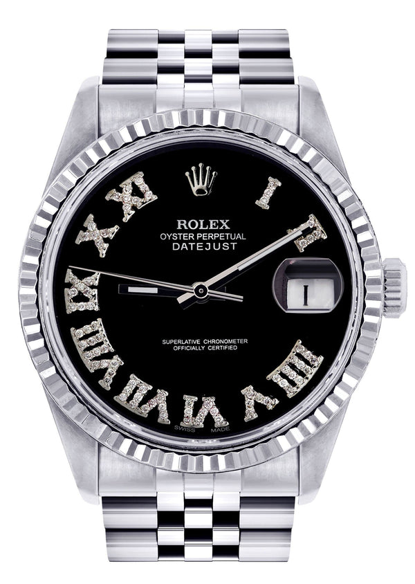 Mens Rolex Datejust Watch 16200 | Fluted Bezel | 36Mm | Black Roman Numeral Dial | Jubilee Band