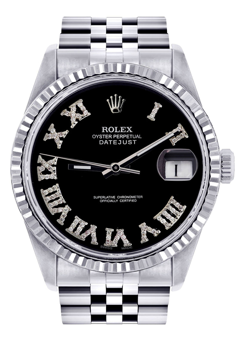 Mens Rolex Datejust Watch 16200 | Fluted Bezel | 36Mm | Black Roman Numeral Dial | Jubilee Band