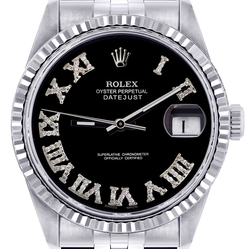 Womens Rolex Datejust Watch 16200 | Fluted Bezel | 36Mm | Black Roman Numeral Dial | Fluted Bezel | Jubilee Band