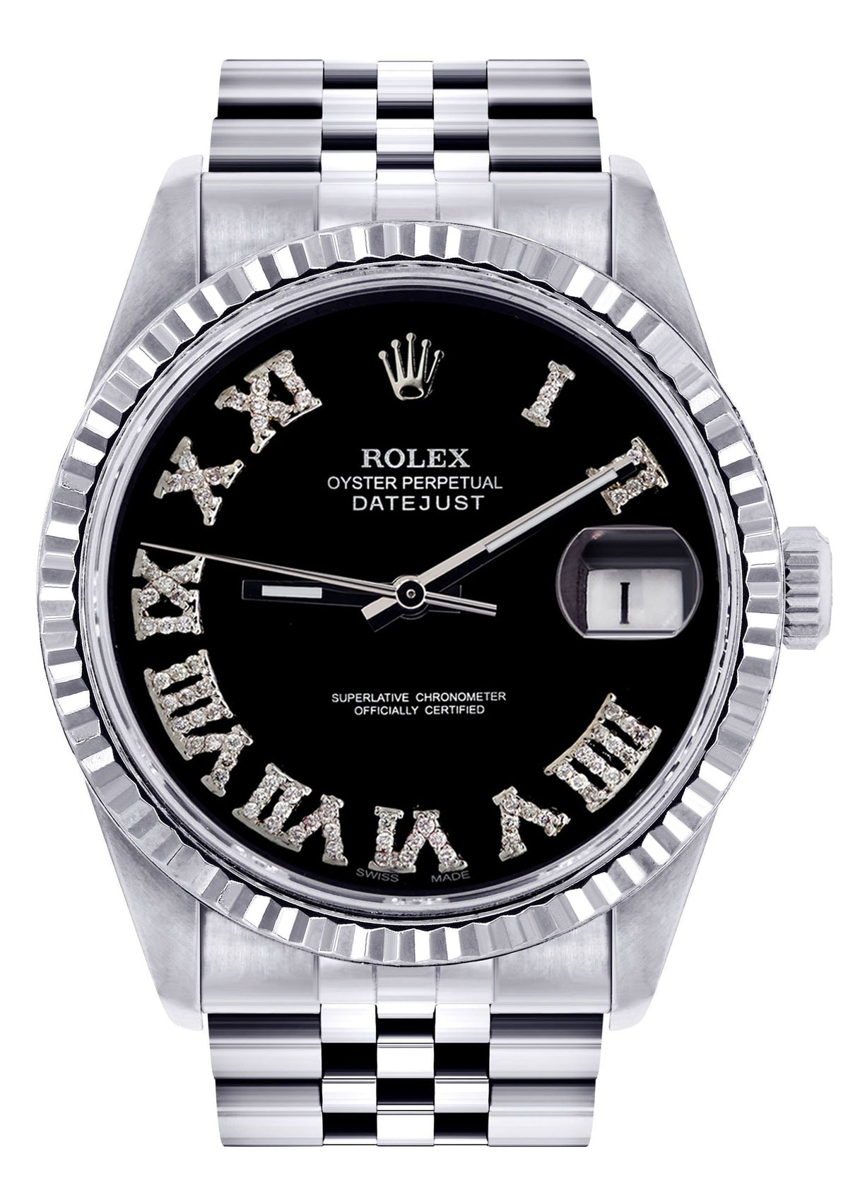Womens Rolex Datejust Watch 16200 | Fluted Bezel | 36Mm | Black Roman Numeral Dial | Fluted Bezel | Jubilee Band