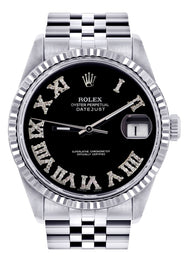 Womens Rolex Datejust Watch 16200 | Fluted Bezel | 36Mm | Black Roman Numeral Dial | Fluted Bezel | Jubilee Band