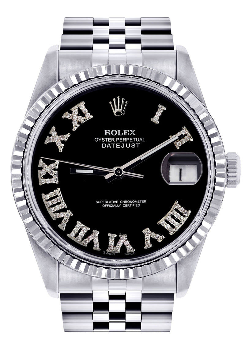 Womens Rolex Datejust Watch 16200 | Fluted Bezel | 36Mm | Black Roman Numeral Dial | Fluted Bezel | Jubilee Band