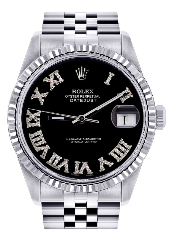 Womens Rolex Datejust Watch 16200 | Fluted Bezel | 36Mm | Black Roman Numeral Dial | Fluted Bezel | Jubilee Band