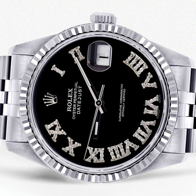 Womens Rolex Datejust Watch 16200 | Fluted Bezel | 36Mm | Black Roman Numeral Dial | Fluted Bezel | Jubilee Band