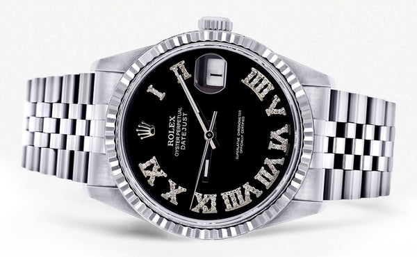 Womens Rolex Datejust Watch 16200 | Fluted Bezel | 36Mm | Black Roman Numeral Dial | Fluted Bezel | Jubilee Band