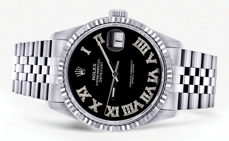 Womens Rolex Datejust Watch 16200 | Fluted Bezel | 36Mm | Black Roman Numeral Dial | Fluted Bezel | Jubilee Band