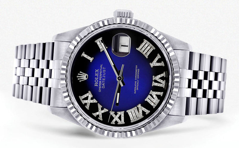 Mens Rolex Datejust Watch 16200 | Fluted Bezel | 36Mm | Blue Black Roman Numeral Dial | Jubilee Band