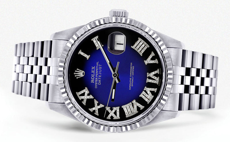 Womens Rolex Datejust Watch 16200 | Fluted Bezel | 36Mm | Blue Black Roman Numeral Dial | Fluted Bezel | Jubilee Band
