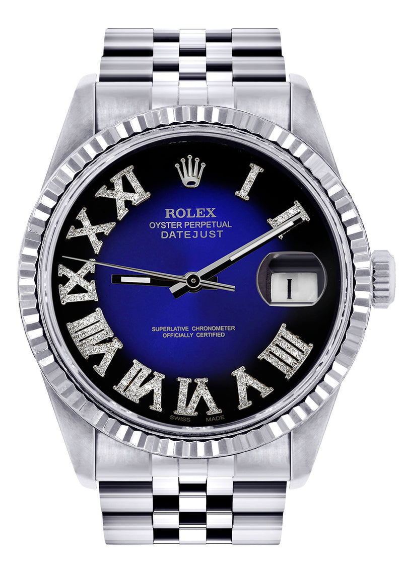 Womens Rolex Datejust Watch 16200 | Fluted Bezel | 36Mm | Blue Black Roman Numeral Dial | Fluted Bezel | Jubilee Band