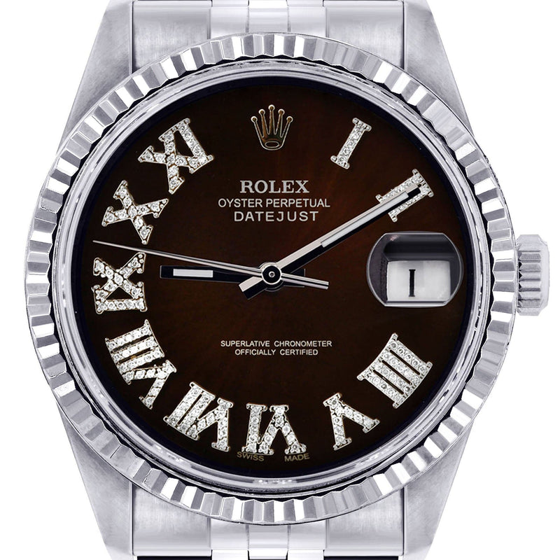 Mens Rolex Datejust Watch 16200 | Fluted Bezel | 36Mm | Dark Brown Roman Numeral Dial | Jubilee Band