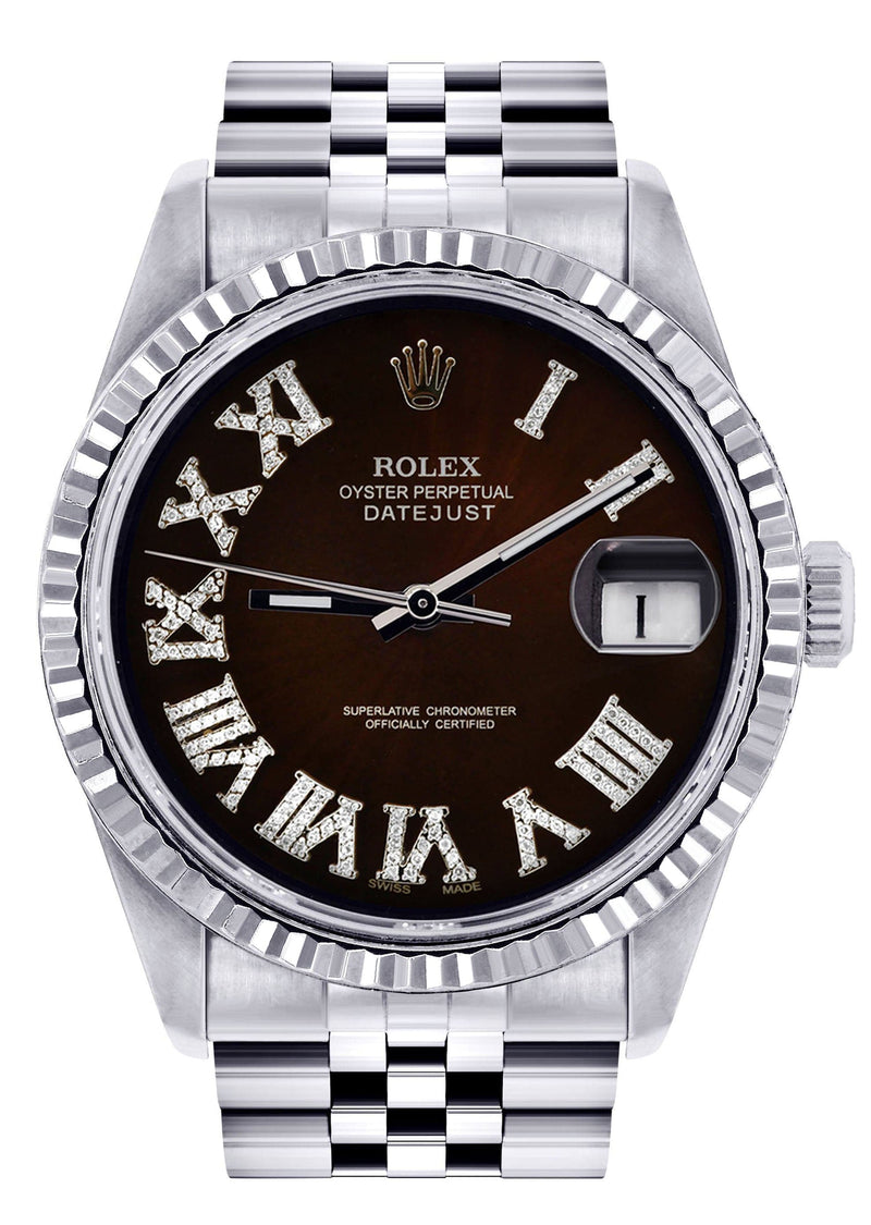 Mens Rolex Datejust Watch 16200 | Fluted Bezel | 36Mm | Dark Brown Roman Numeral Dial | Jubilee Band