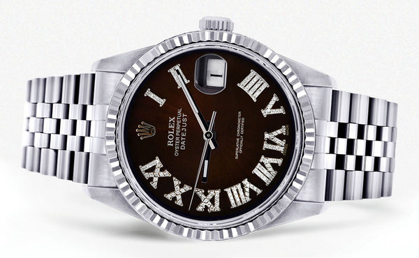 Womens Rolex Datejust Watch 16200 | Fluted Bezel | 36Mm | Dark Brown Roman Numeral Dial | Fluted Bezel | Jubilee Band