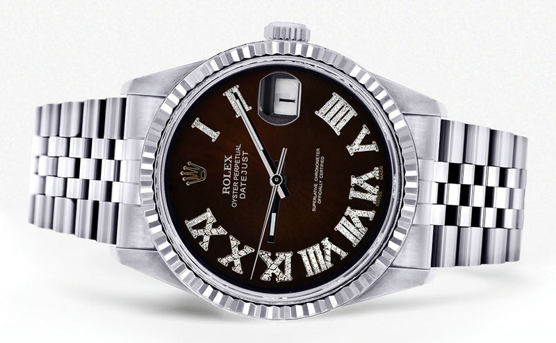 Womens Rolex Datejust Watch 16200 | Fluted Bezel | 36Mm | Dark Brown Roman Numeral Dial | Fluted Bezel | Jubilee Band