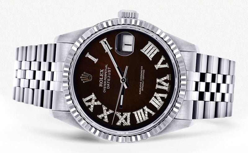 Mens Rolex Datejust Watch 16200 | Fluted Bezel | 36Mm | Dark Brown Roman Numeral Dial | Jubilee Band