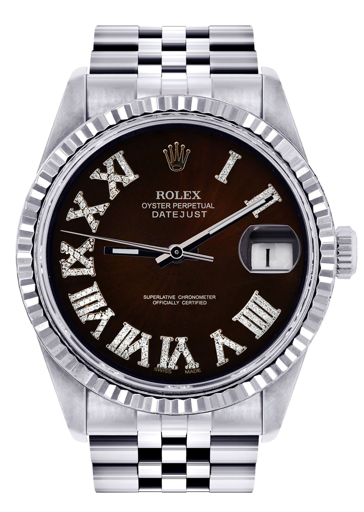 Womens Rolex Datejust Watch 16200 | Fluted Bezel | 36Mm | Dark Brown Roman Numeral Dial | Fluted Bezel | Jubilee Band