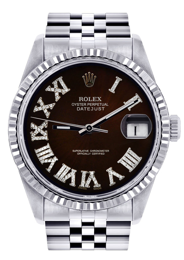 Womens Rolex Datejust Watch 16200 | Fluted Bezel | 36Mm | Dark Brown Roman Numeral Dial | Fluted Bezel | Jubilee Band
